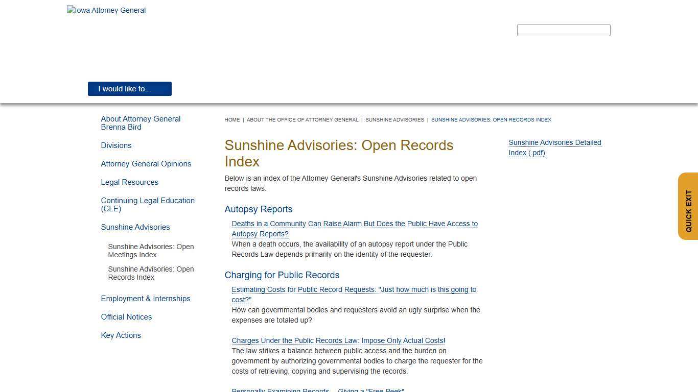 Sunshine Advisories: Open Records Index Iowa Attorney General